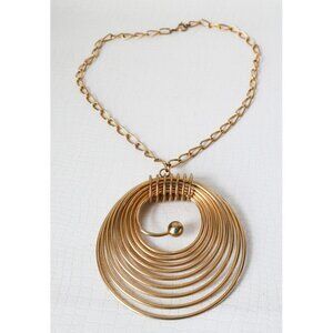 Vintage Gold Tone Metal Large Round Spiral 18" Statement Pendant Necklace